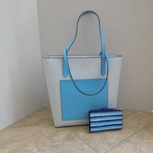 NWT Kate Spade Blue Color Block Tote & Blue Stripe Wallet Purse Set